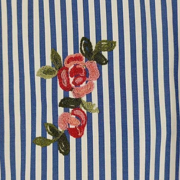 Boho Chic Striped Button Front 3/4 Sleeve Blouse Top with Floral Embroidery - Picture 10 of 10